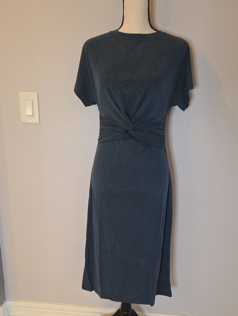 Angie Velvety Soft Slate Blue Knot-Front Midi Dress Size Small NWT Party Ready